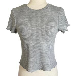 ASOS Gray Waffle Knit Lettuce Hem Crop Top T Shirt Size 4 Casual Loungewear